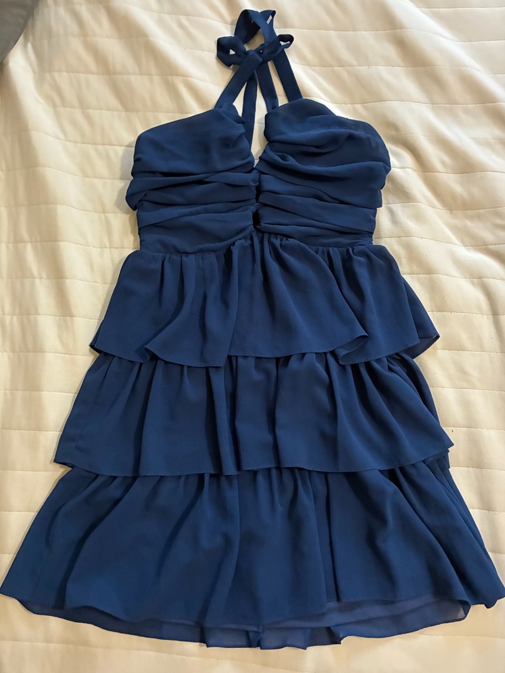Lulu's Navy Blue Ruffle Tiered Short Cocktail Dress Ties at Neck S